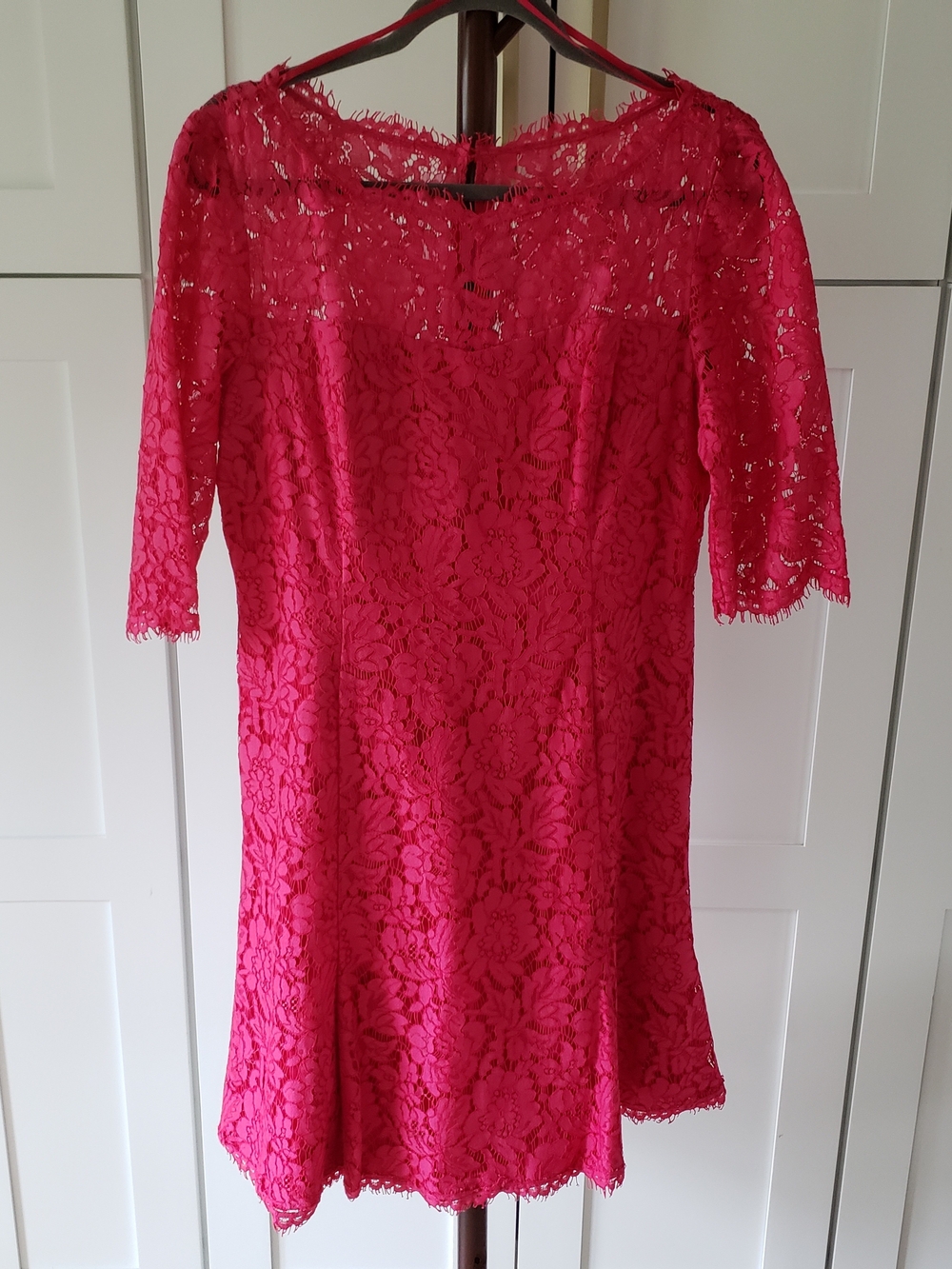 Eliza J Hot Pink Lace Midi Dress with Short Sleeves
